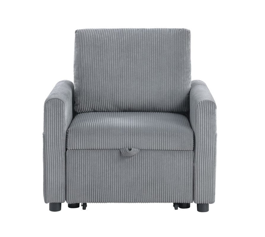 Willow & Hearth Oswin 33"W Gray Corduroy Armchair with Pull-Out Chaise and Side Pocket