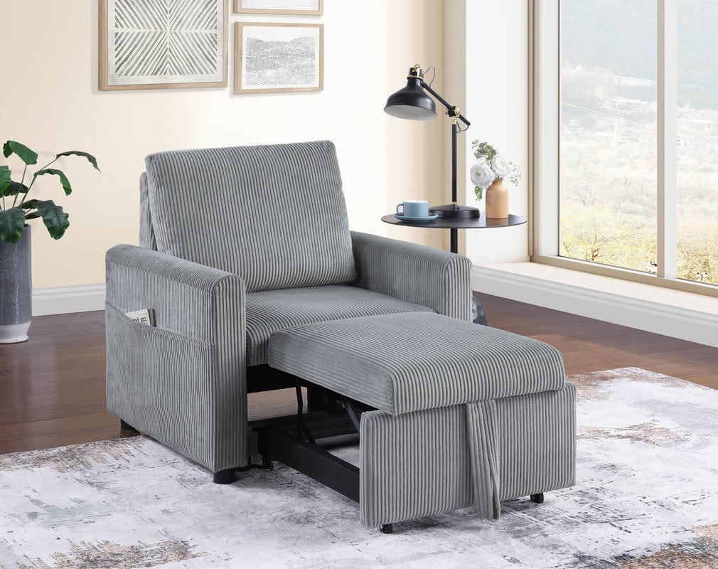 Willow & Hearth Oswin 33"W Gray Corduroy Armchair with Pull-Out Chaise and Side Pocket