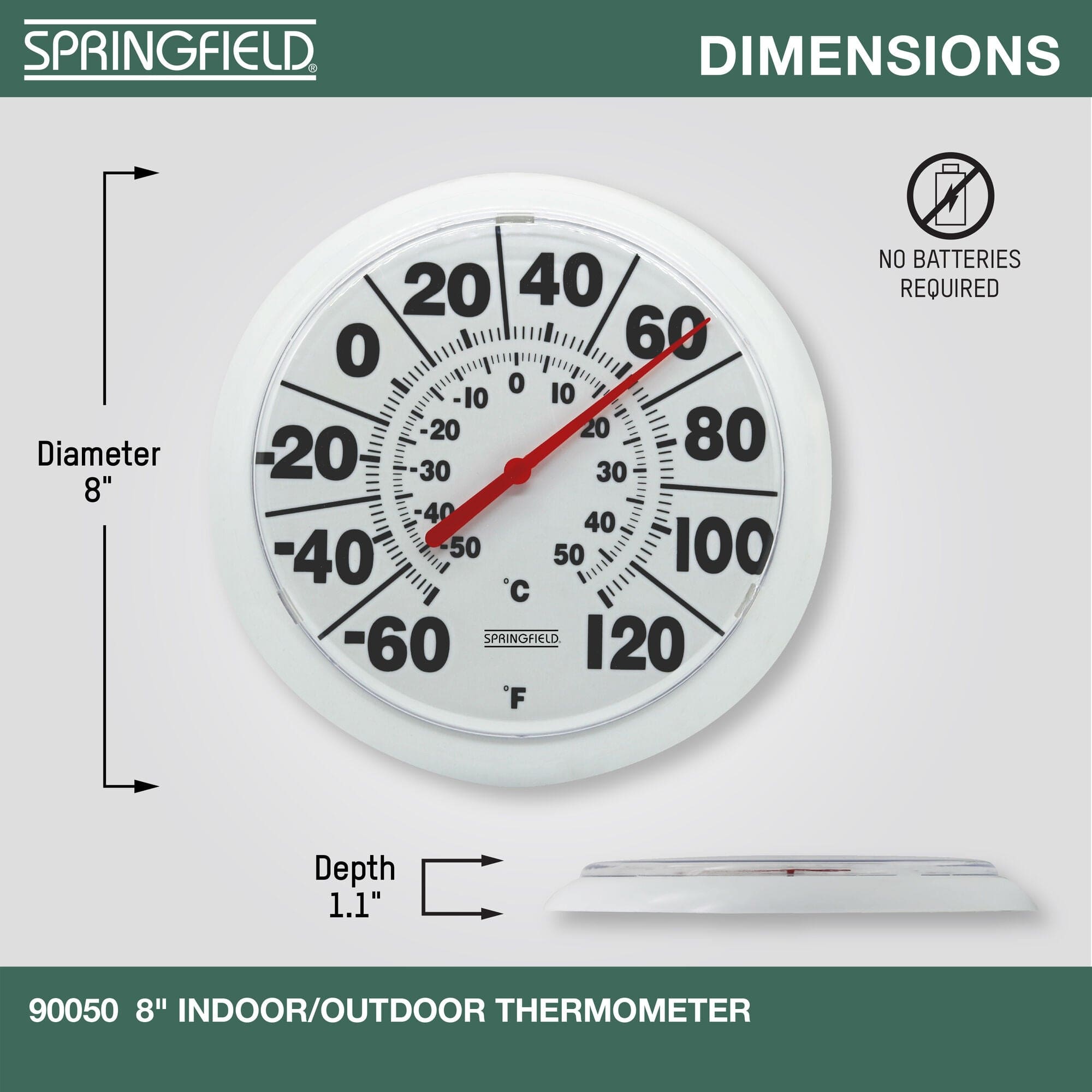 Springfield Indoor Outdoor Big Bold Dial Thermometer, Wireless, for Patio, Pool, and Indoor Areas, 8-Inch, White