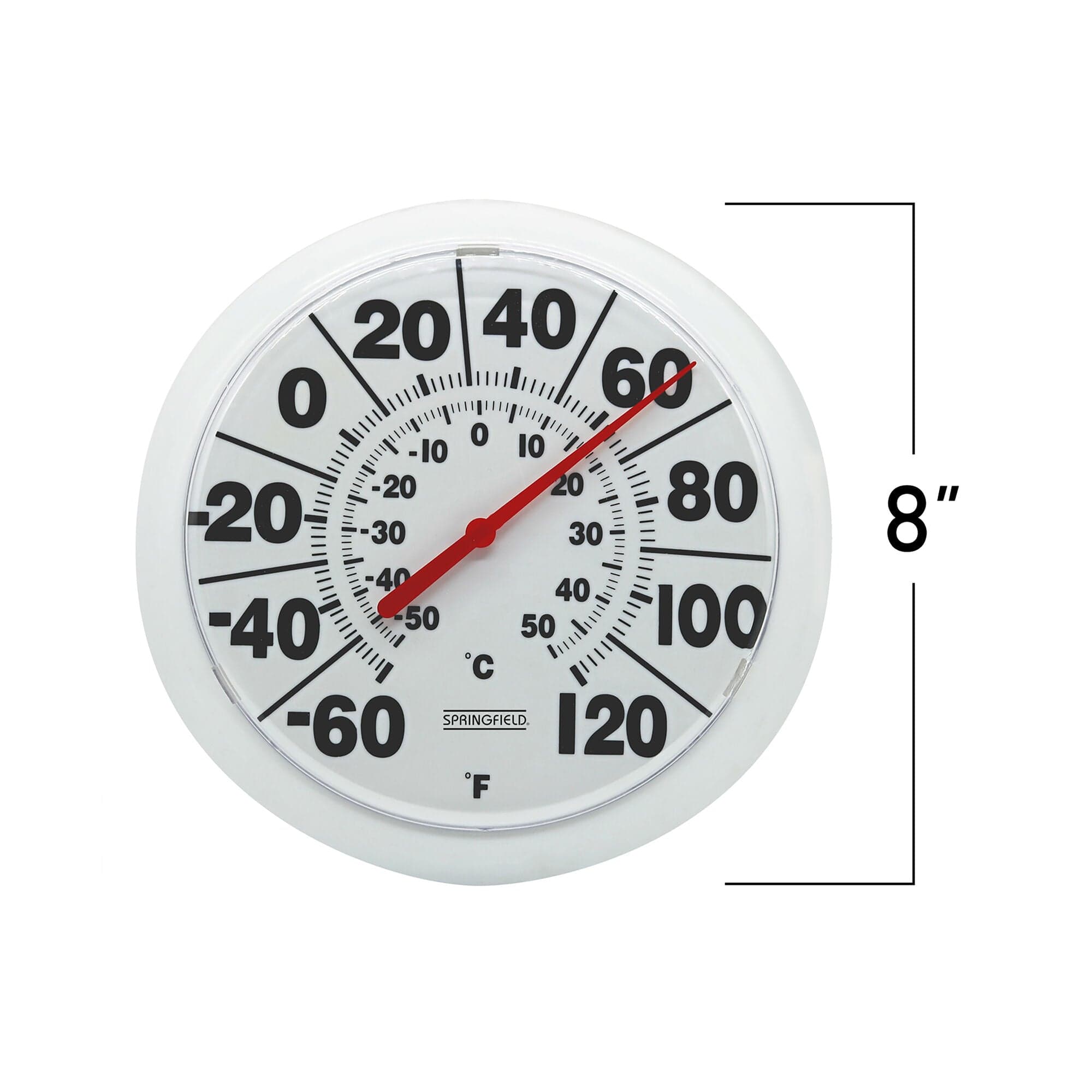 Springfield Indoor Outdoor Big Bold Dial Thermometer, Wireless, for Patio, Pool, and Indoor Areas, 8-Inch, White
