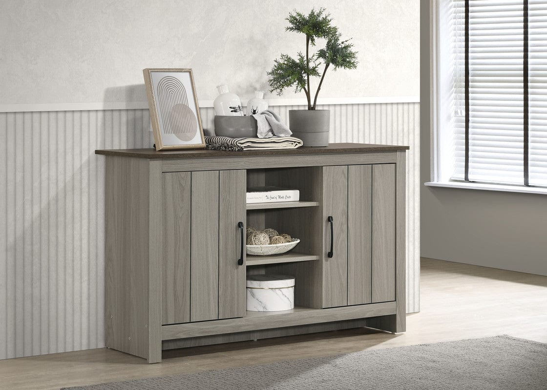 Willow & Hearth Nyla 47"W Gray Oak Console Table, Buffet Table, Sideboard with Shelves and Cabinet Doors