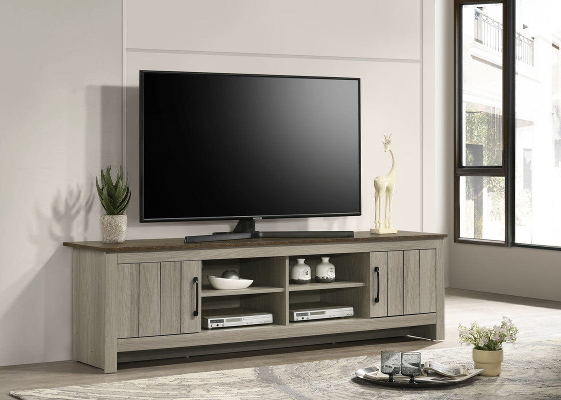 Willow & Hearth Nyla 68.5"W Gray Oak TV Stand with Shelves and Cabinet Doors