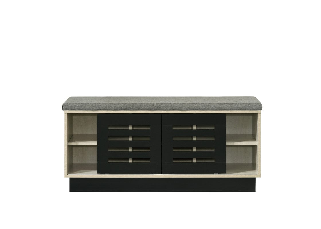 Willow & Hearth Brett 38.5"W Oak Finish Shoe Cabinet with Sliding Doors, Upholstered Top