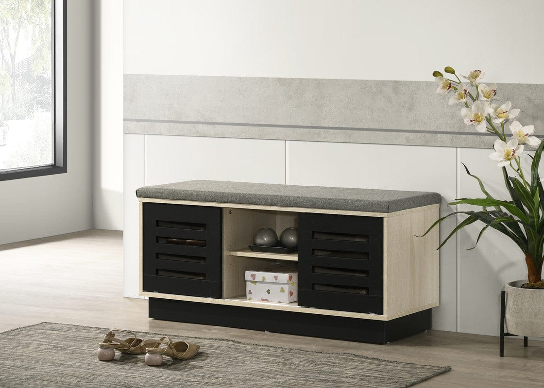 Willow & Hearth Brett 38.5"W Oak Finish Shoe Cabinet with Sliding Doors, Upholstered Top