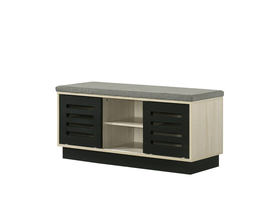 Willow & Hearth Brett 38.5"W Oak Finish Shoe Cabinet with Sliding Doors, Upholstered Top