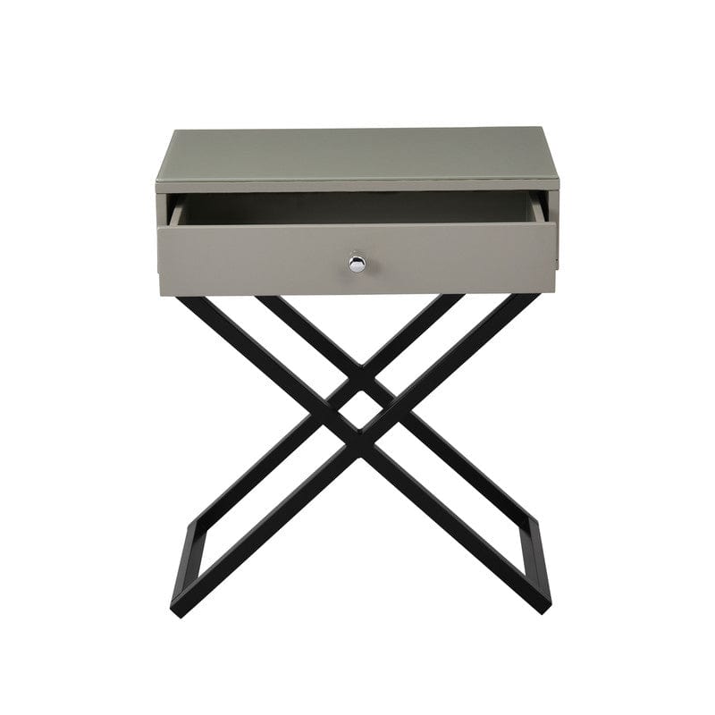 Willow & Hearth Koda 23"W Taupe Wooden End Side Table Nightstand with Glass Top, Drawer and Metal Cross Base