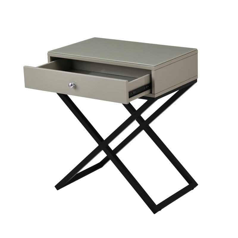Willow & Hearth Koda 23"W Taupe Wooden End Side Table Nightstand with Glass Top, Drawer and Metal Cross Base
