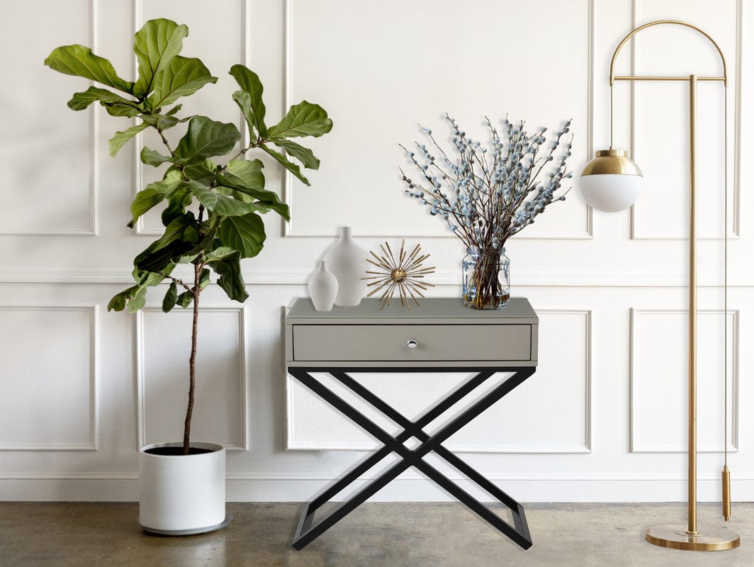 Willow & Hearth Koda 23"W Taupe Wooden End Side Table Nightstand with Glass Top, Drawer and Metal Cross Base