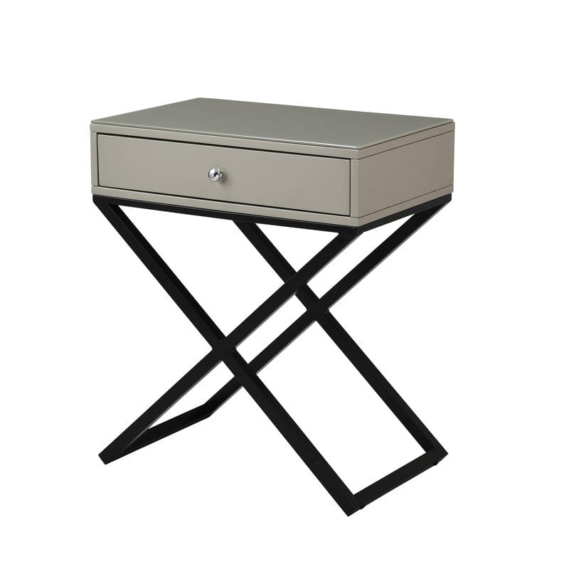 Willow & Hearth Koda 23"W Taupe Wooden End Side Table Nightstand with Glass Top, Drawer and Metal Cross Base