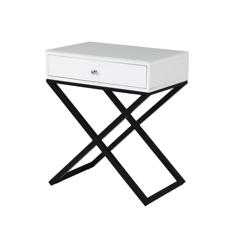 Willow & Hearth Koda 23"W White Wooden End Side Table Nightstand with Glass Top, Drawer and Metal Cross Base
