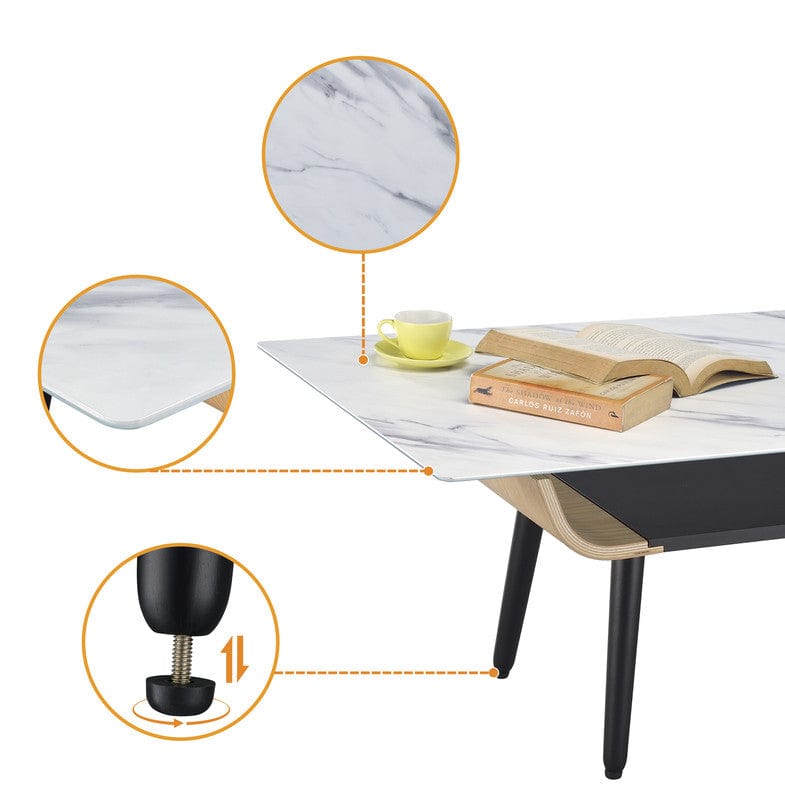 Willow & Hearth Landon 47"W Coffee Table with Glass White Marble Texture Top and Bent Wood Design