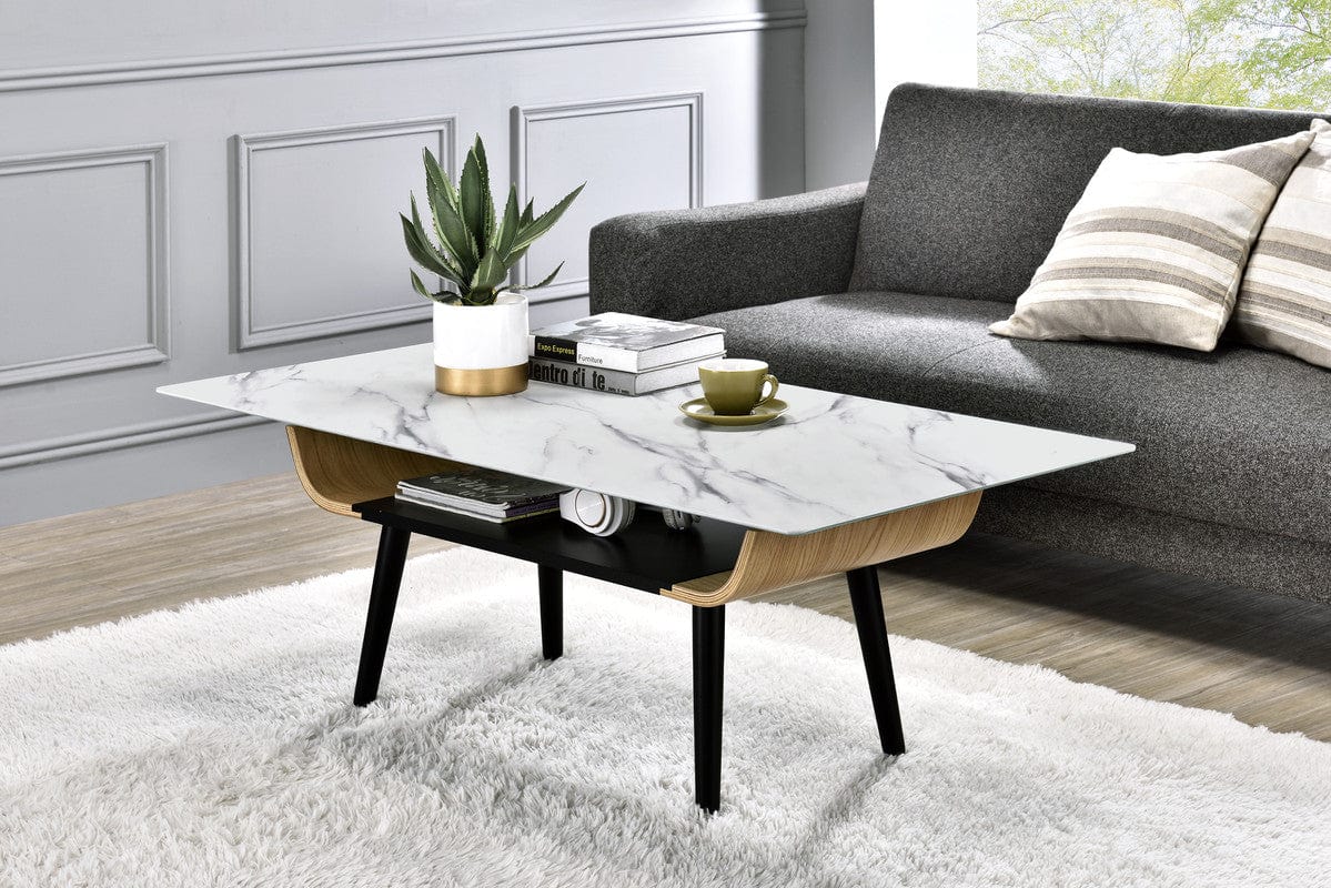 Willow & Hearth Landon 47"W Coffee Table with Glass White Marble Texture Top and Bent Wood Design