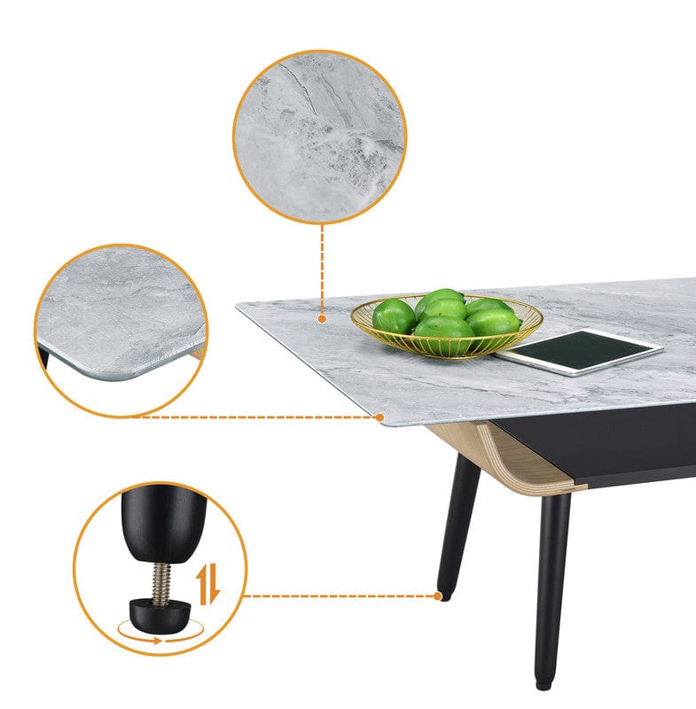 Willow & Hearth Landon 47"W Coffee Table with Glass Gray Marble Texture Top and Bent Wood Design