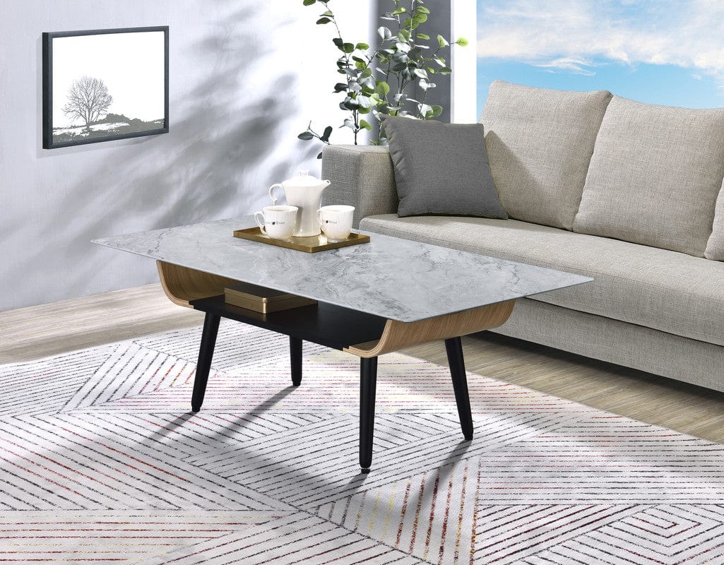 Willow & Hearth Landon 47"W Coffee Table with Glass Gray Marble Texture Top and Bent Wood Design