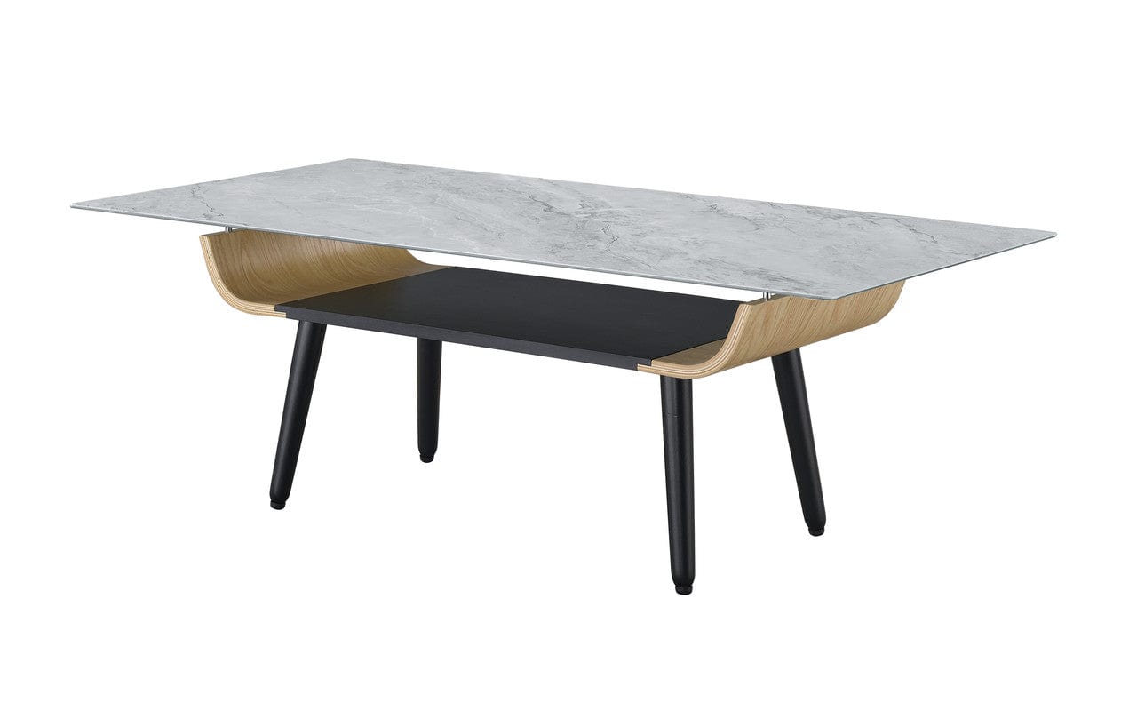 Willow & Hearth Landon 47"W Coffee Table with Glass Gray Marble Texture Top and Bent Wood Design