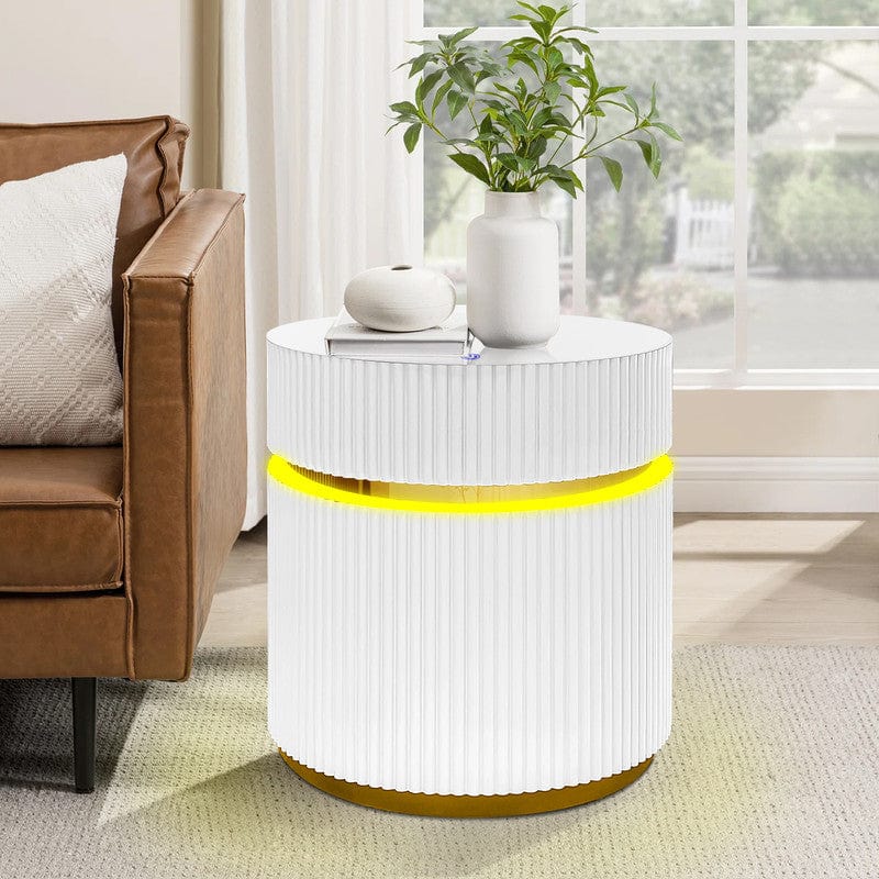 Willow & Hearth Tavita 19.5" Round White Side Table with Glass Top and LED Lights