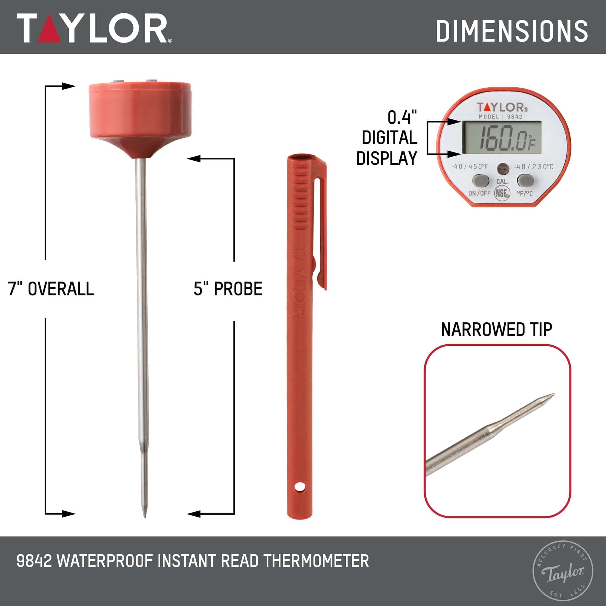 Taylor Waterproof Digital Instant Read Thermometer for Cooking, BBQ, Grilling, Baking, and Meat