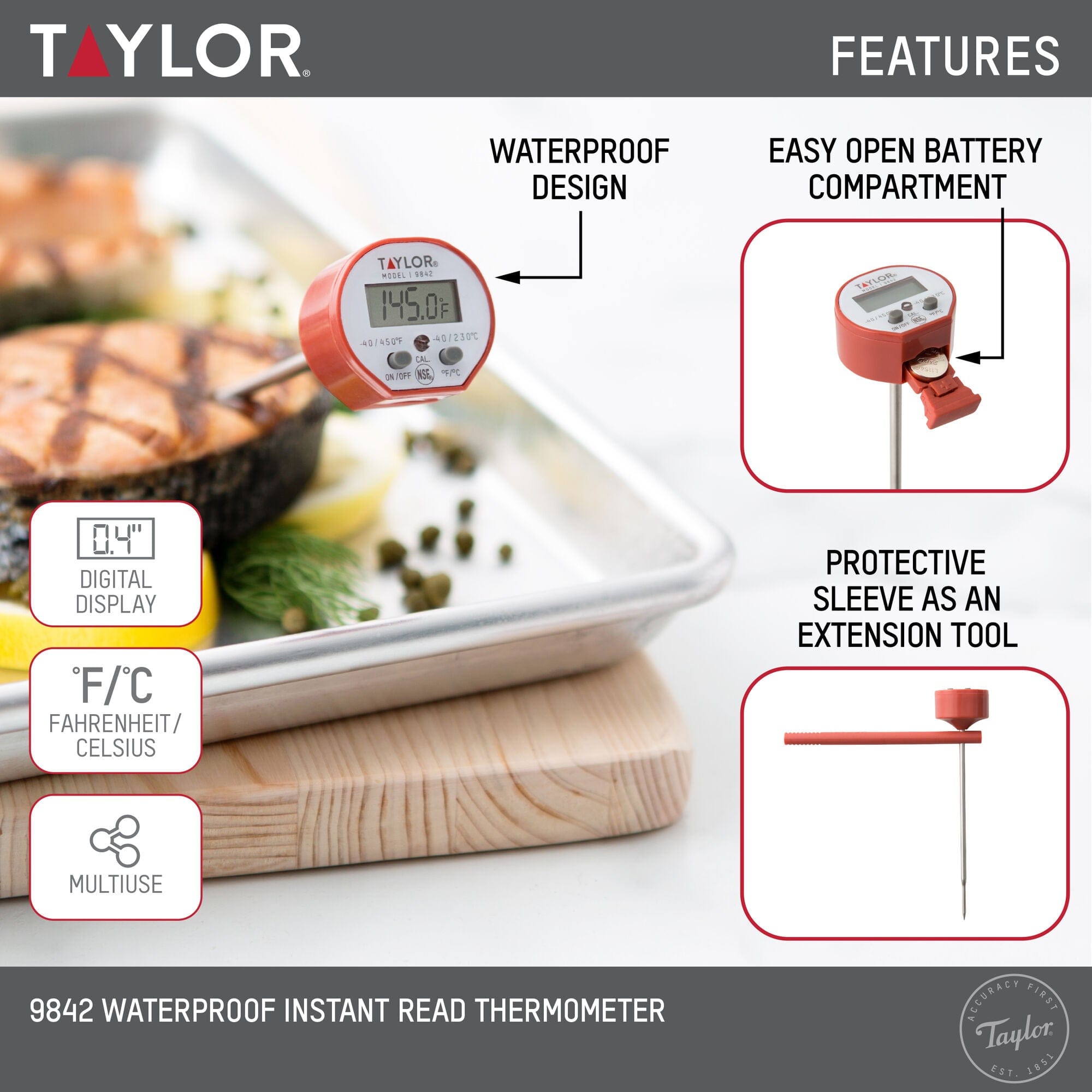 Taylor Waterproof Digital Instant Read Thermometer for Cooking, BBQ, Grilling, Baking, and Meat