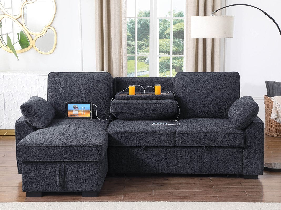 Willow & Hearth Mackenzie 91"W Dark Gray Chenille Fabric Reversible Sleeper Sectional with Storage, Drop-Down Table, Cup Holders & Charging Ports