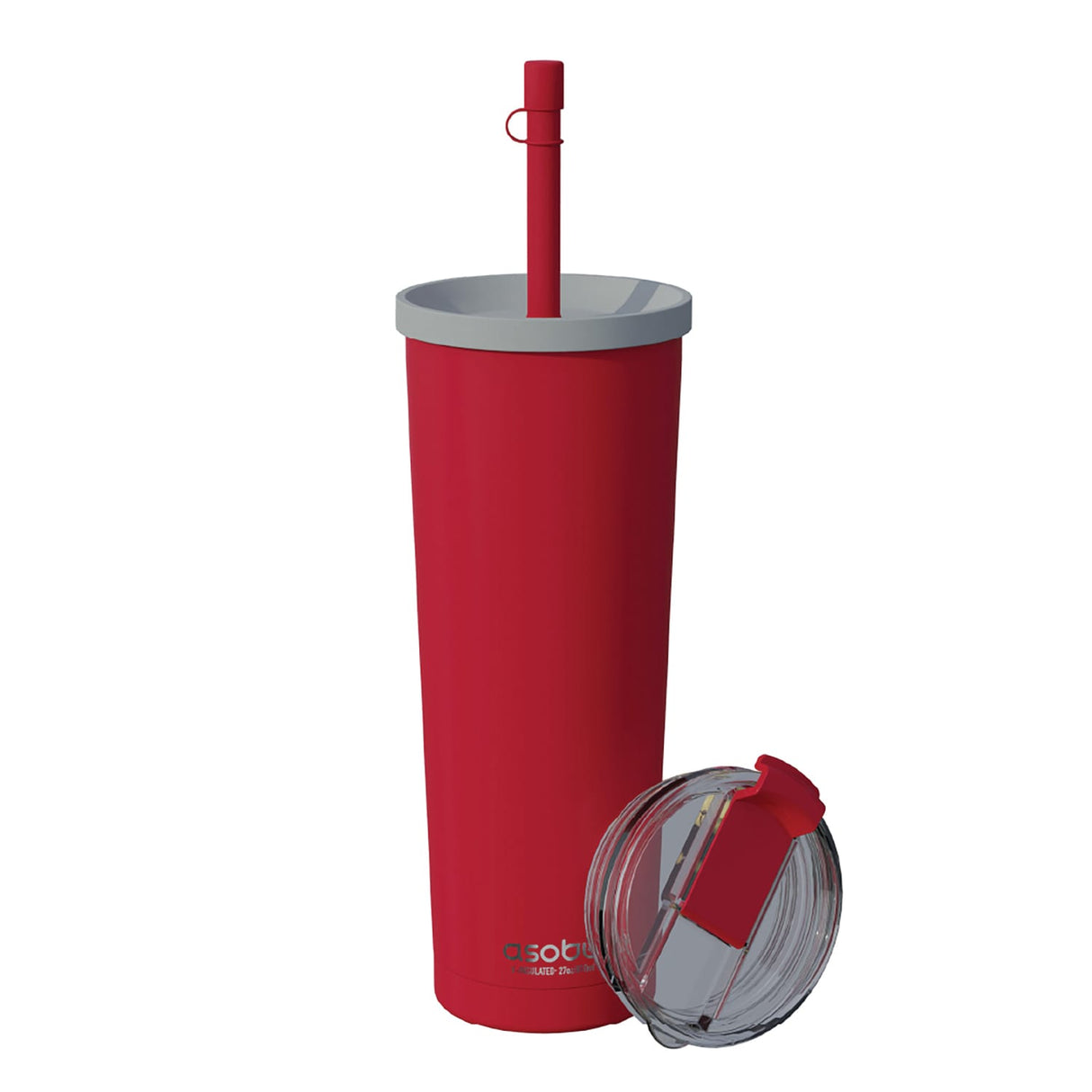 Asobu Ocean Double-Walled Vacuum-Insulated 27-Oz. Stainless Steel Travel Tumbler with Flexible Straw and Dual Lids, Red