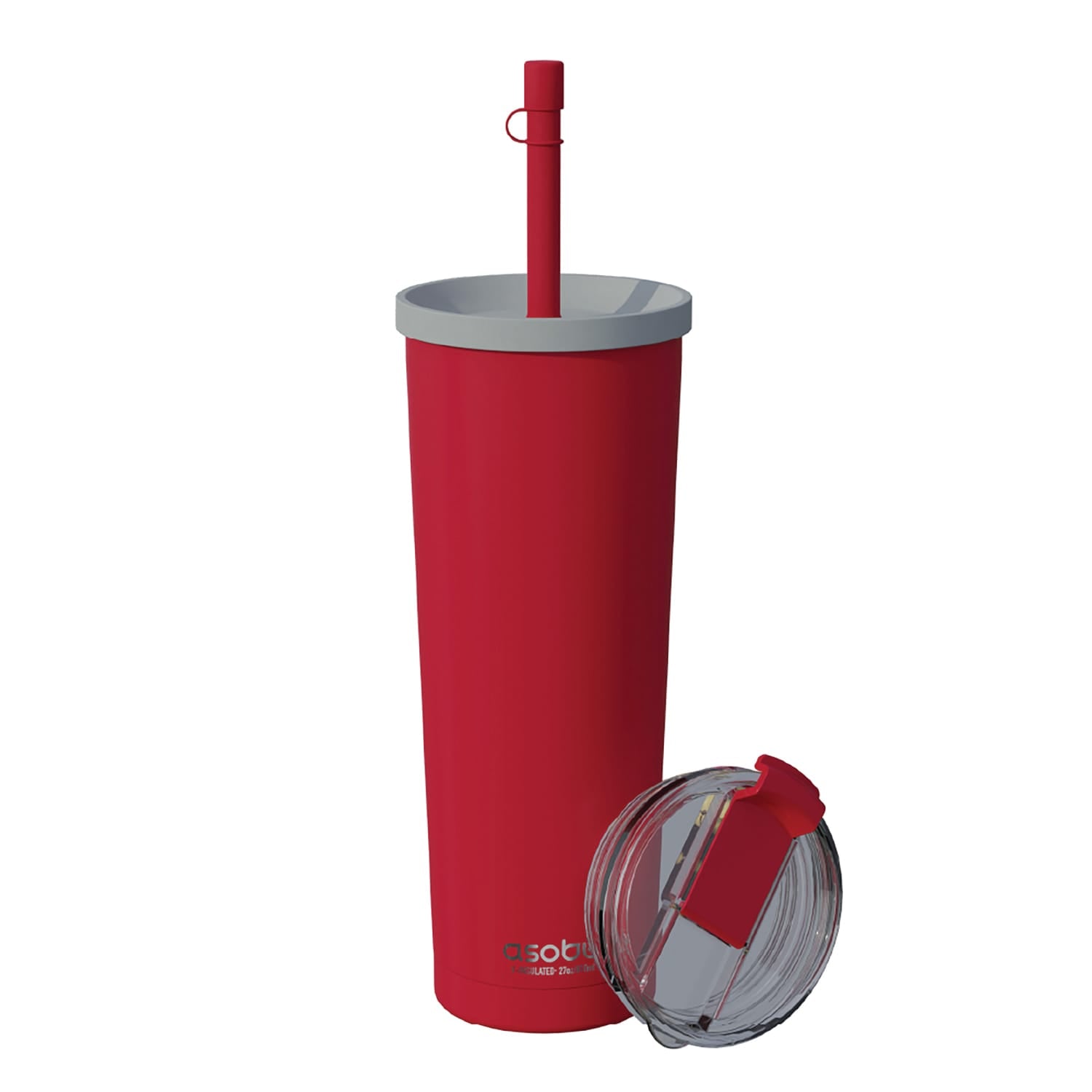 Asobu Ocean Double-Walled Vacuum-Insulated 27-Oz. Stainless Steel Travel Tumbler with Flexible Straw and Dual Lids, Red
