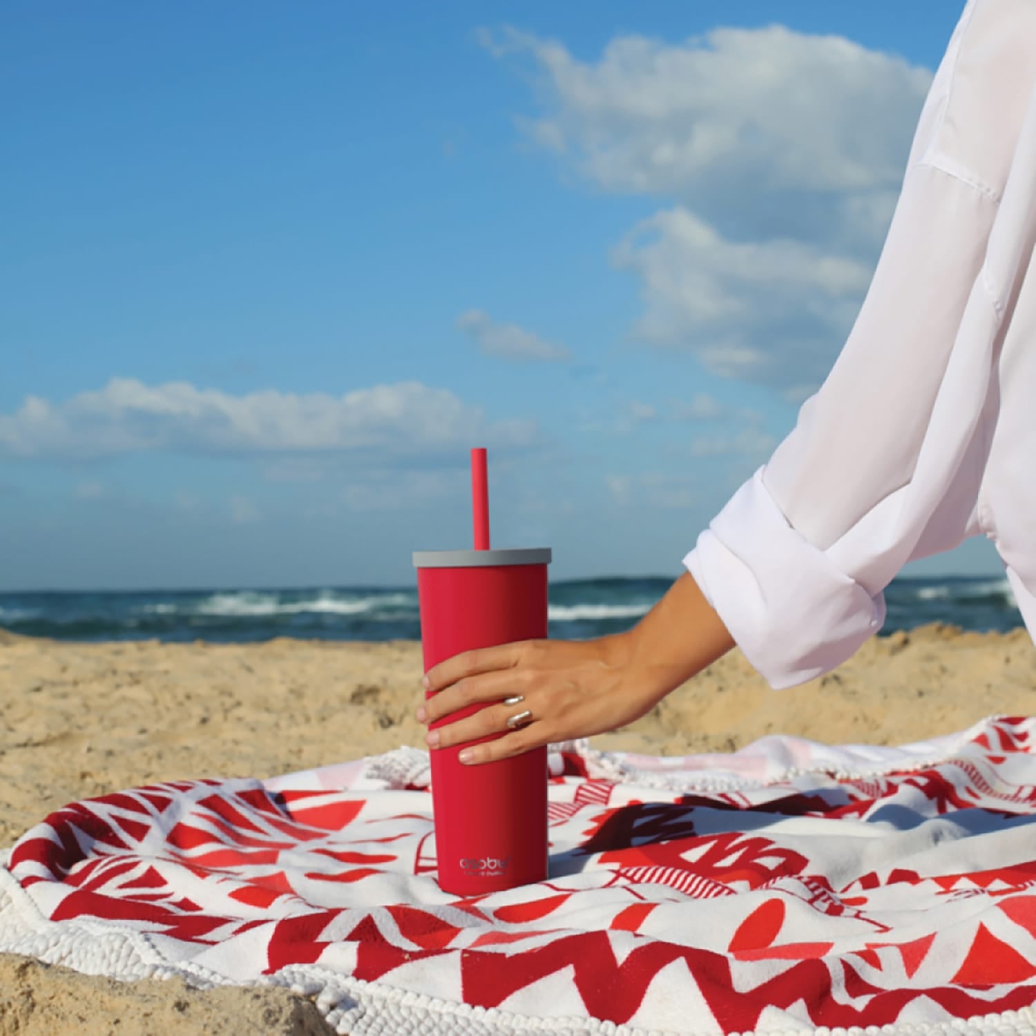 Asobu Ocean Double-Walled Vacuum-Insulated 27-Oz. Stainless Steel Travel Tumbler with Flexible Straw and Dual Lids, Red
