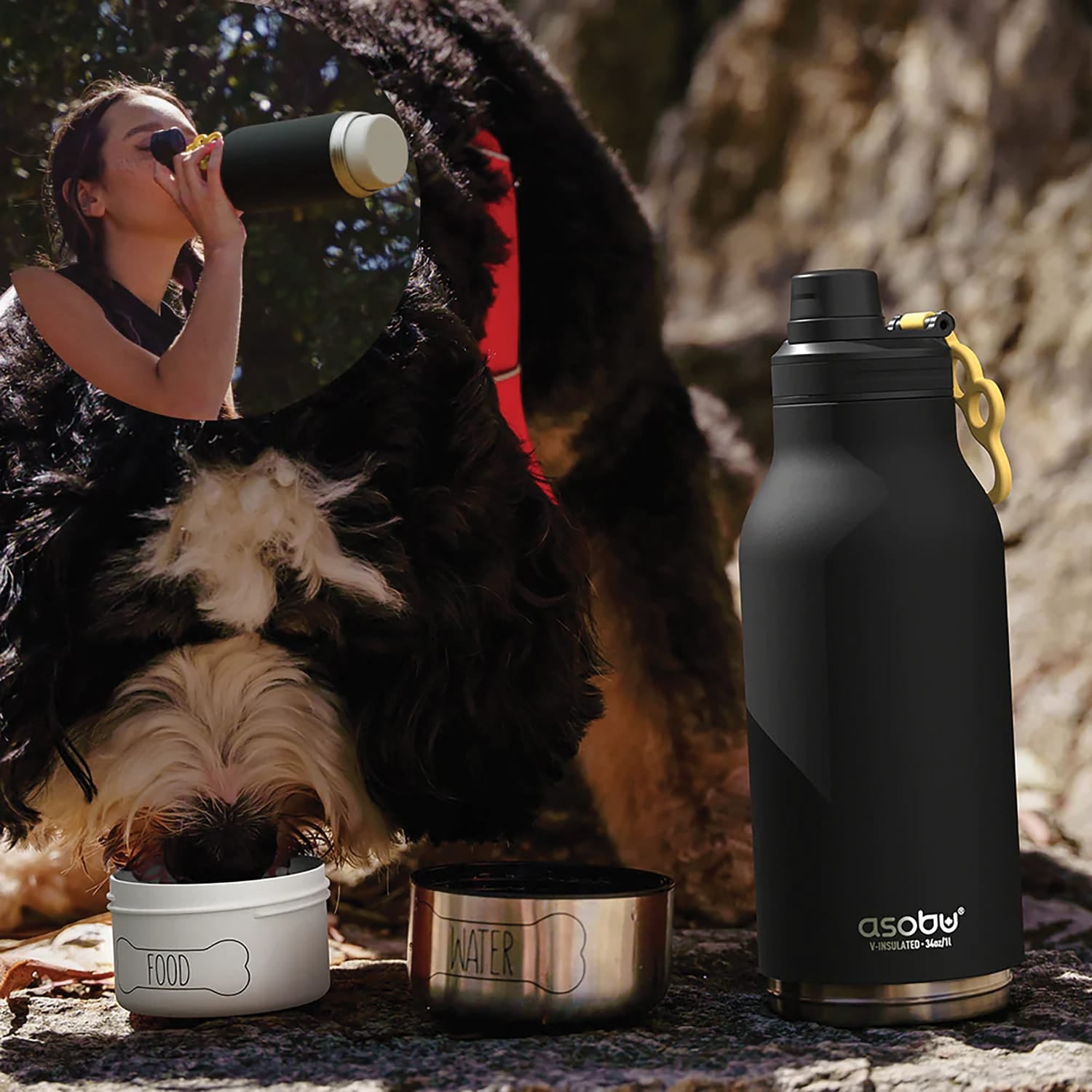 Asobu Barkey 32-Oz. 3-in-1 Water Bottle with Removable Dog Bowl and Food Compartment, Black