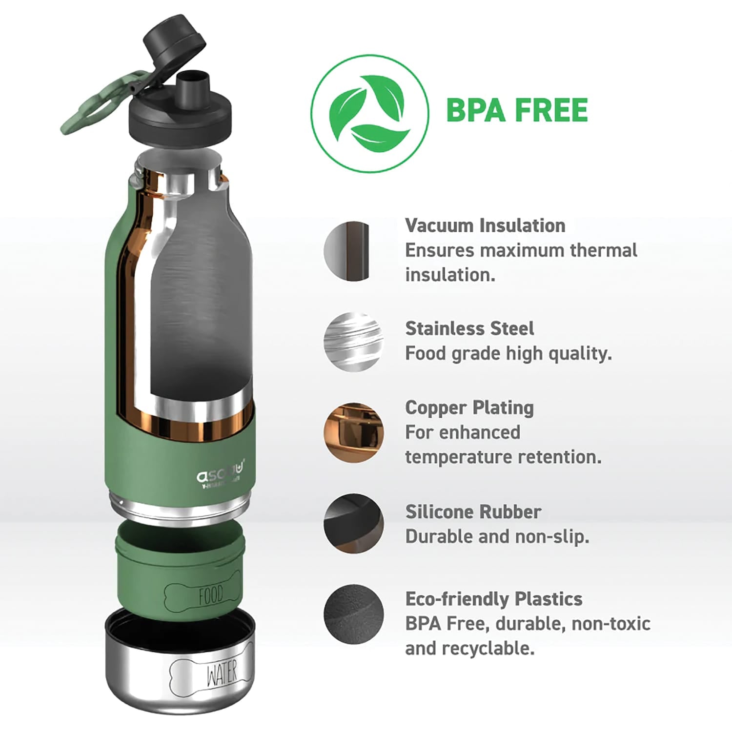 Asobu Barkey 32-Oz. 3-in-1 Water Bottle with Removable Dog Bowl and Food Compartment, Basil Green