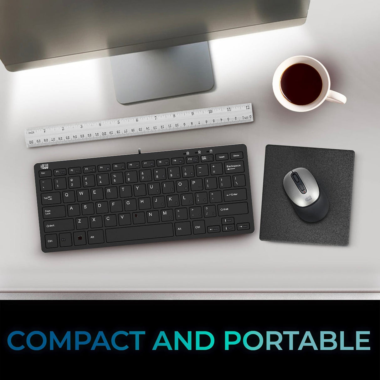 Adesso Wired USB Slim Touch Computer Keyboard with 2-Port USB Hub, for Windows, Mini