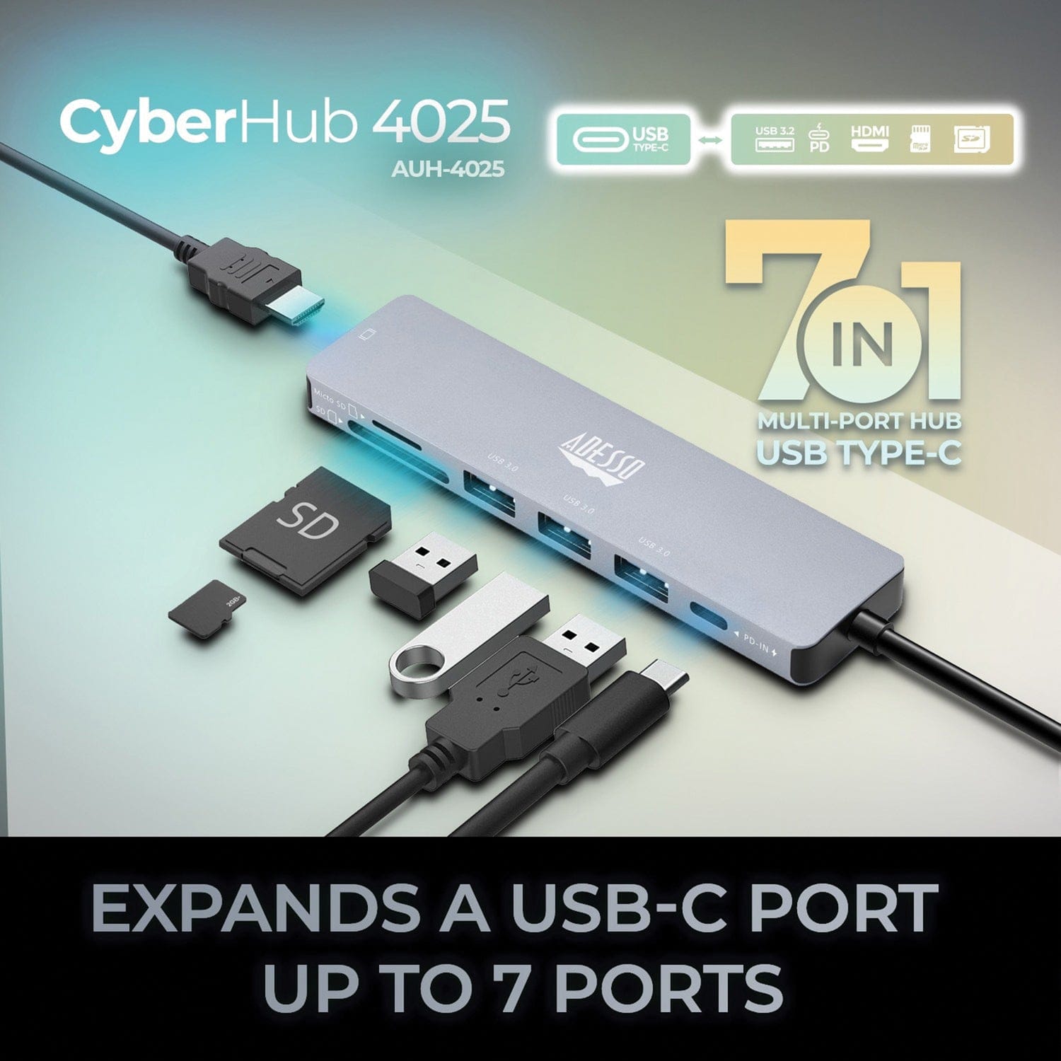 Adesso 7-in-1 CyberHub USB-C Docking Station with 4K HDMI Port, for Laptops