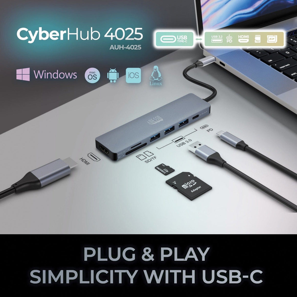 Adesso 7-in-1 CyberHub USB-C Docking Station with 4K HDMI Port, for Laptops