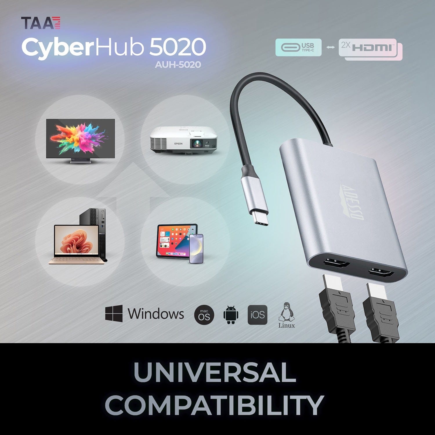 Adesso USB-C to Dual HDMI Adapter