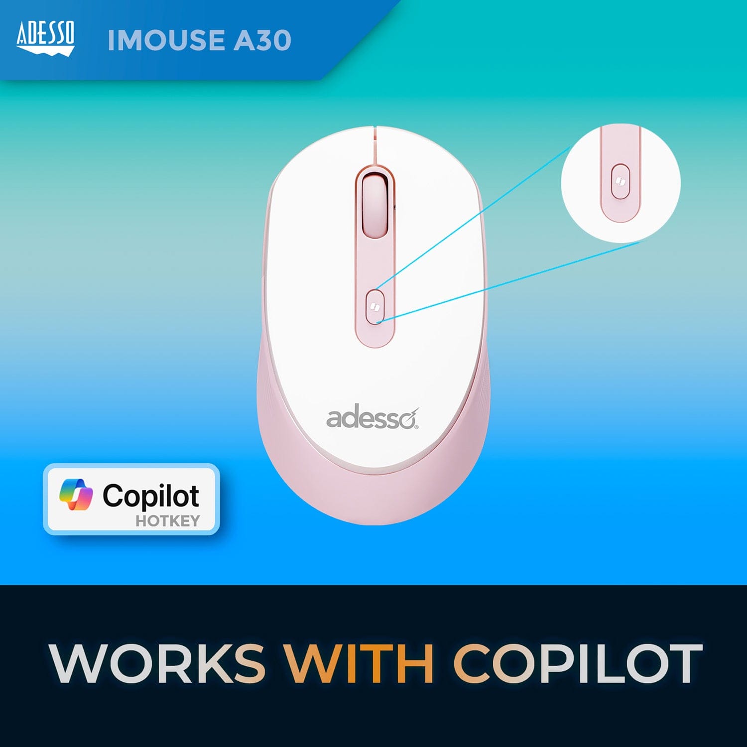 Adesso iMouse A30 Wireless Computer Mouse with AI Copilot Button, 4 Buttons, 1200 DPI, for PC and Mac, Pink