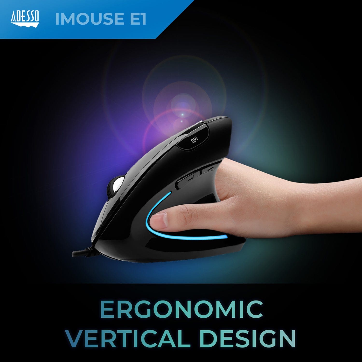Adesso iMouse E1 Wired USB Vertical Ergonomic Optical Mouse, 6 Buttons, 1600 DPI, for PC