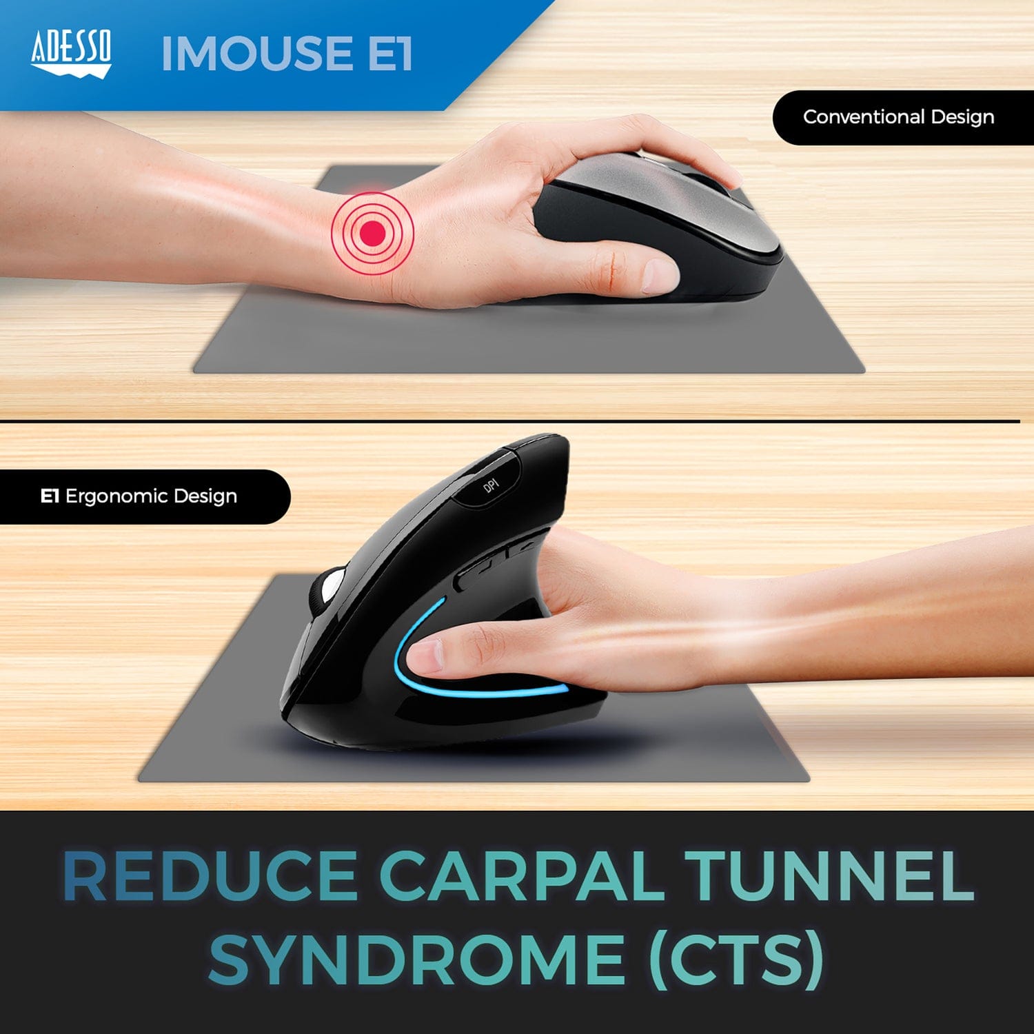 Adesso iMouse E1 Wired USB Vertical Ergonomic Optical Mouse, 6 Buttons, 1600 DPI, for PC