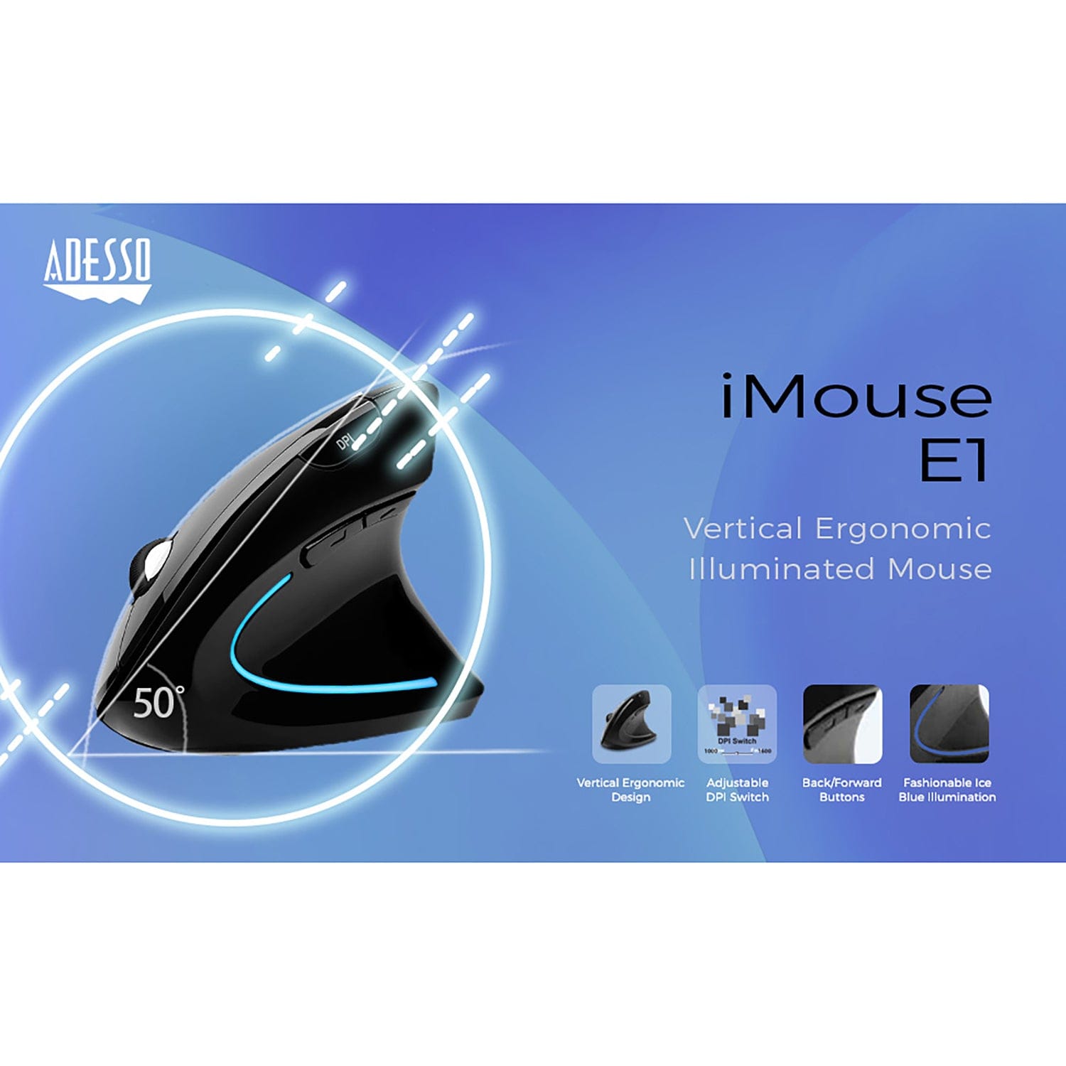 Adesso iMouse E1 Wired USB Vertical Ergonomic Optical Mouse, 6 Buttons, 1600 DPI, for PC