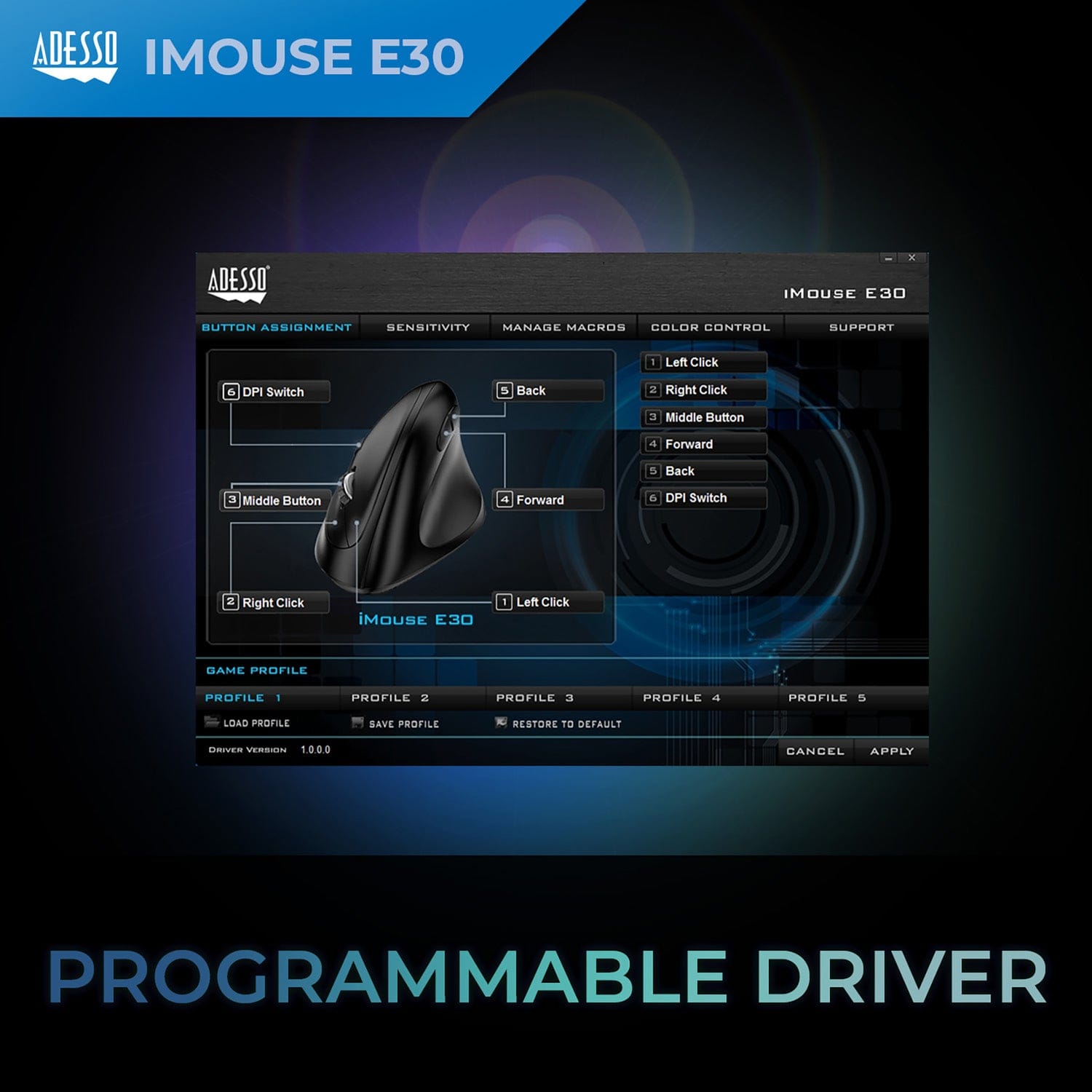 Adesso iMouse E30 Wireless Vertical Ergonomic Mouse, 6 Buttons, 4800 DPI, for PC