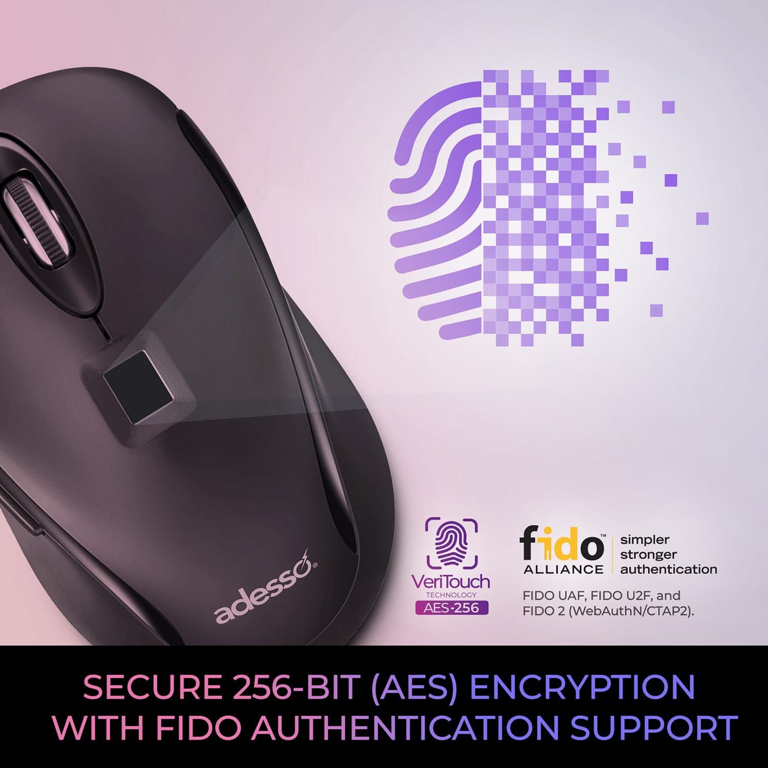 Adesso iMouse F1-TAA Wired USB Computer Mouse with Fingerprint Reader, 5 Buttons, 1200 DPI, for PC and Mac