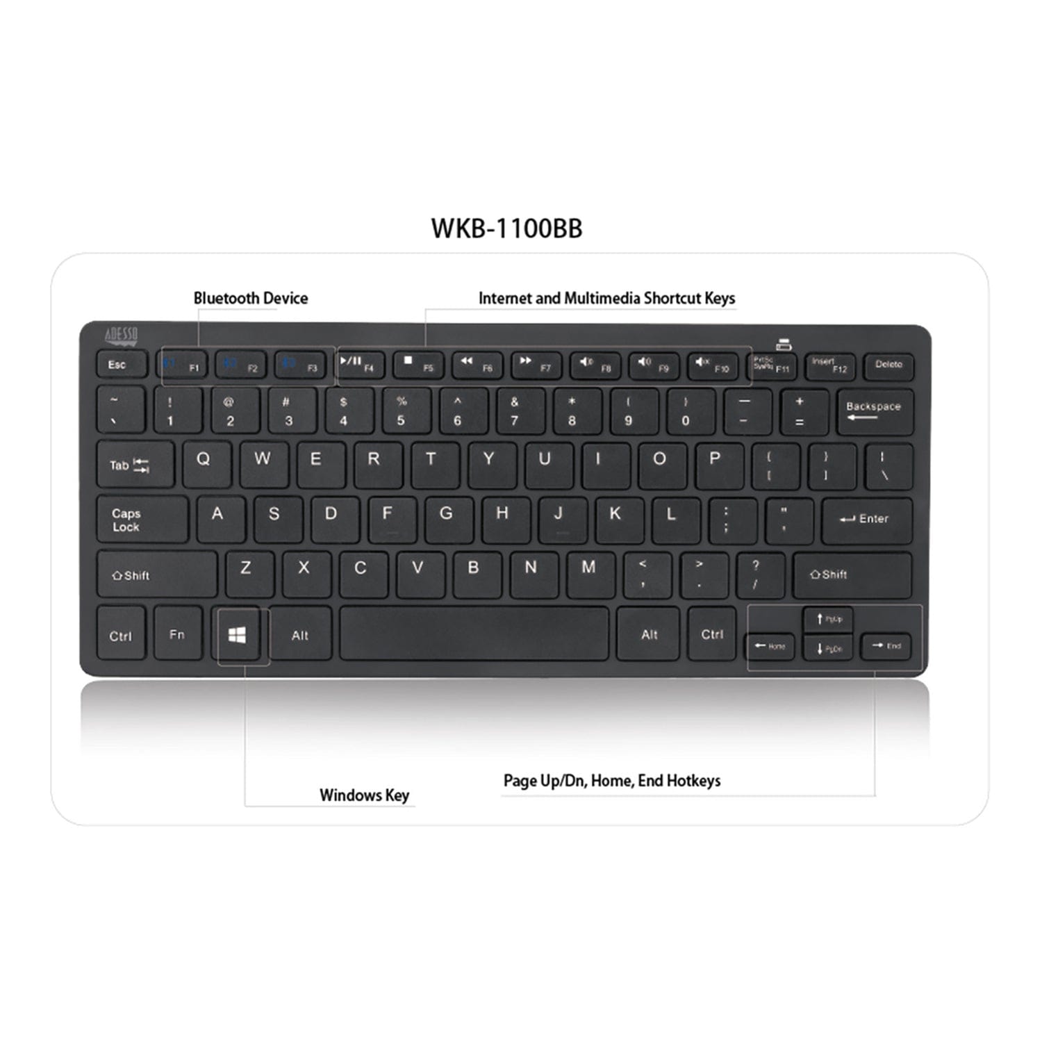 Adesso Bluetooth SlimTouch Computer Keyboard with Scissor Switches, for Windows, Mini