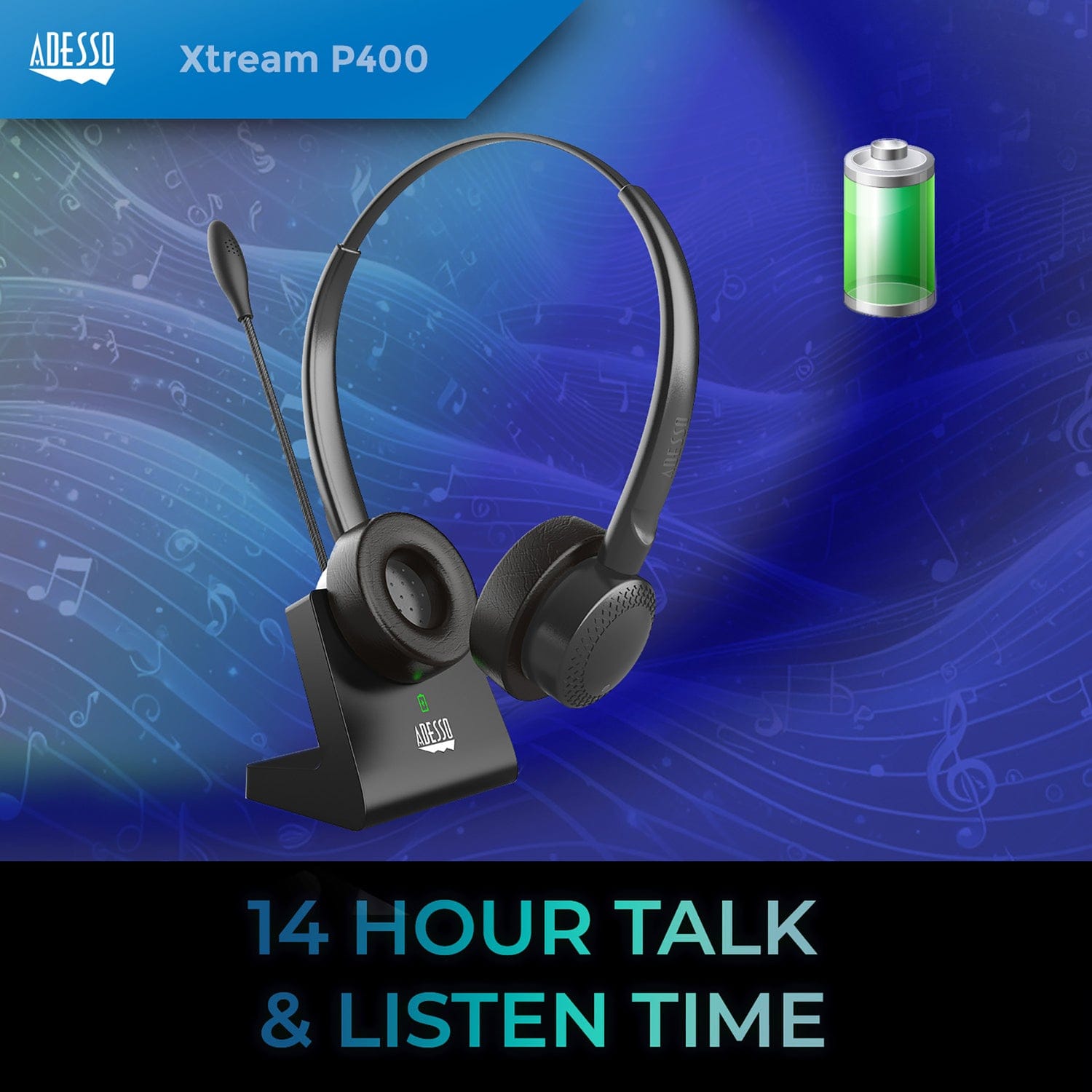 Adesso Xtream P400 Bluetooth Headset with Microphone and Charging Dock