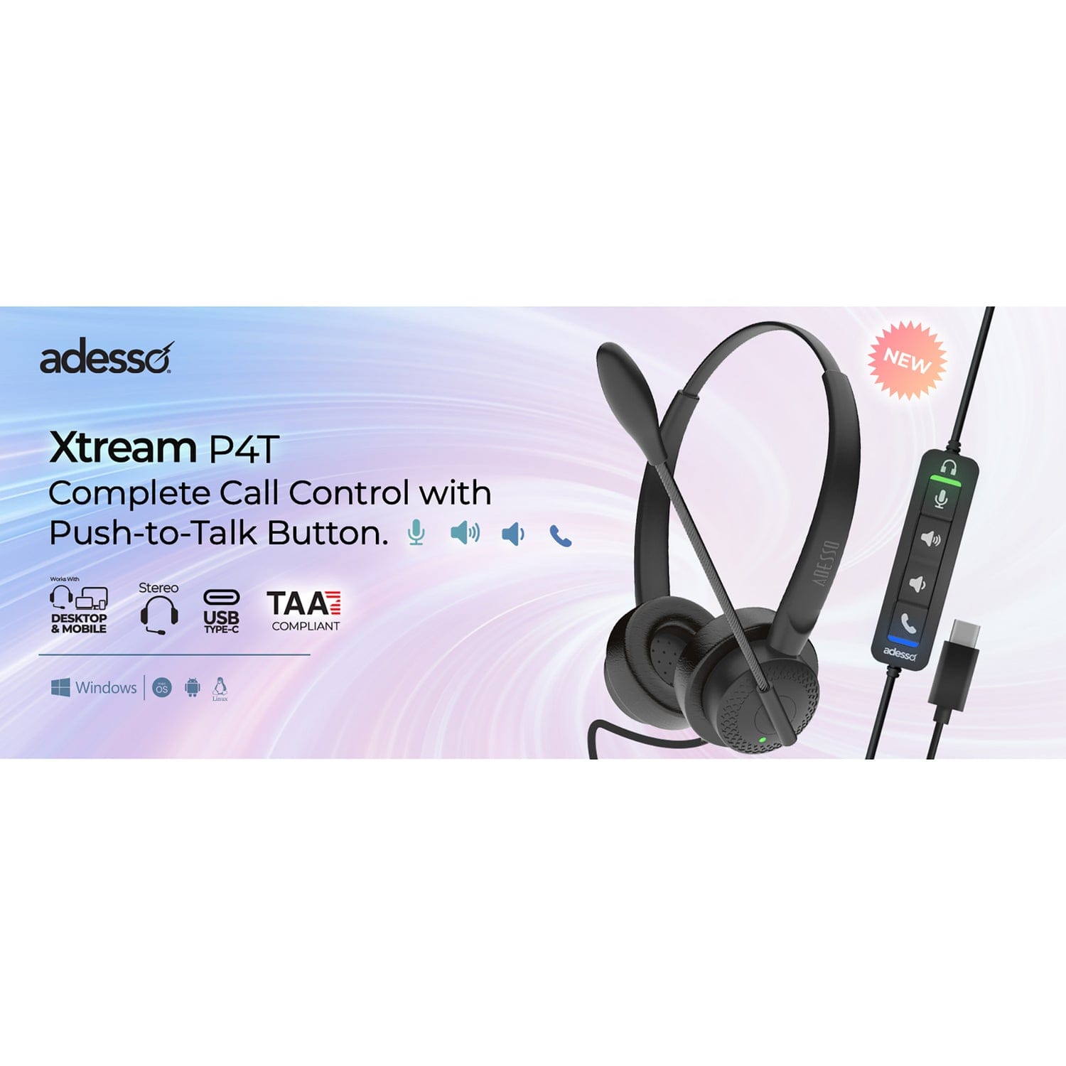 Adesso Xtream P4T-TAA Push-to-Talk Headset with Microphone, TAA Compliant