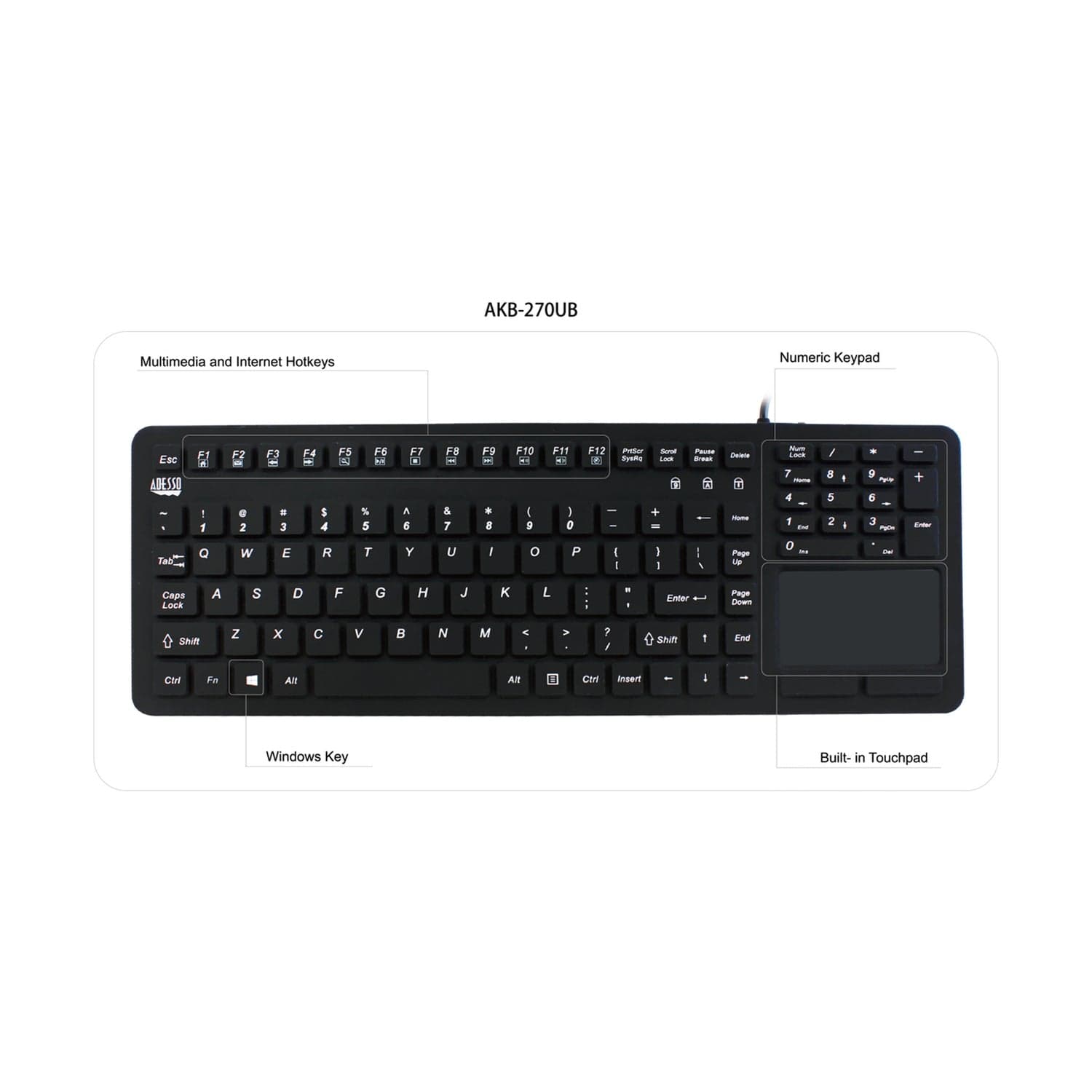 Adesso Wired USB Antimicrobial Waterproof Silicone Touchpad Computer Keyboard, for Windows, Full Size
