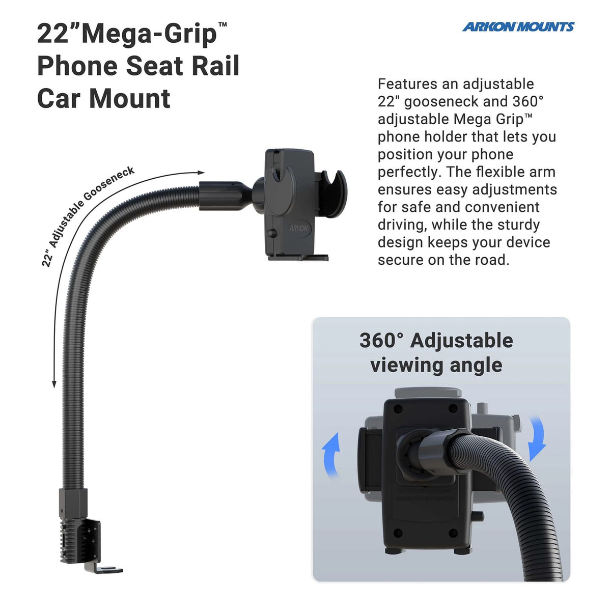 Arkon Mounts eat Rail or Floor Mount with Mega Grip Phone Holder for Cars and Trucks