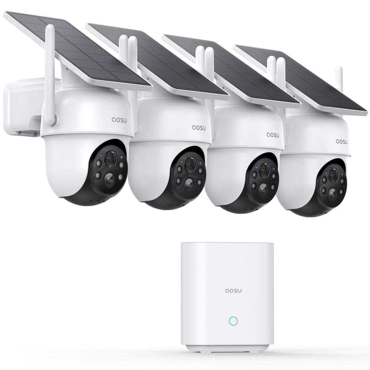 AOSU 2K QHD 3.0-MP Dual-Band Wi-Fi Outdoor AI-Smart Solar Security Camera Kit with Panoramic PTZ, Auto-Tracking, and Home Station Recorder, 4 Cameras