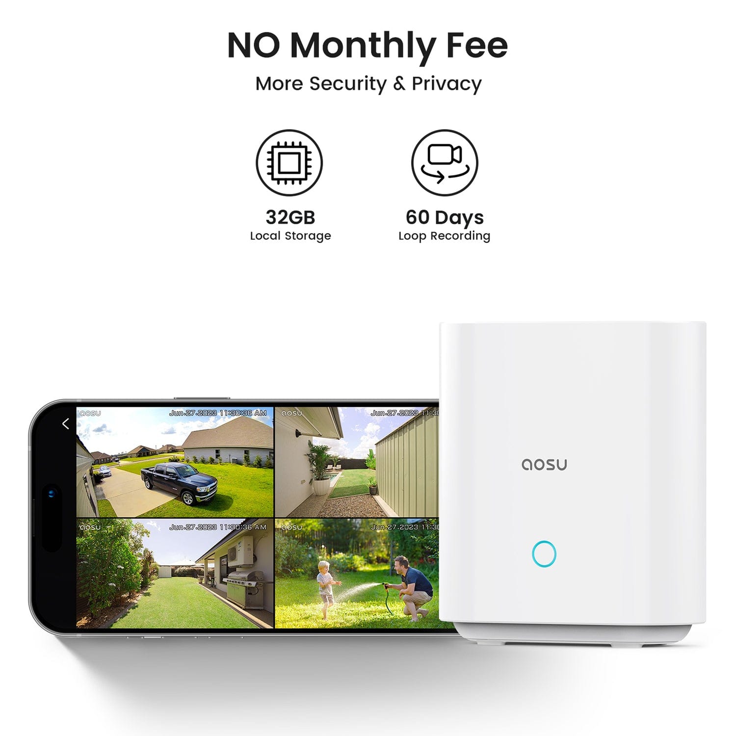 AOSU 2K QHD 3.0-MP Dual-Band Wi-Fi Outdoor AI-Smart Solar Security Camera Kit with Panoramic PTZ, Auto-Tracking, and Home Station Recorder, 4 Cameras