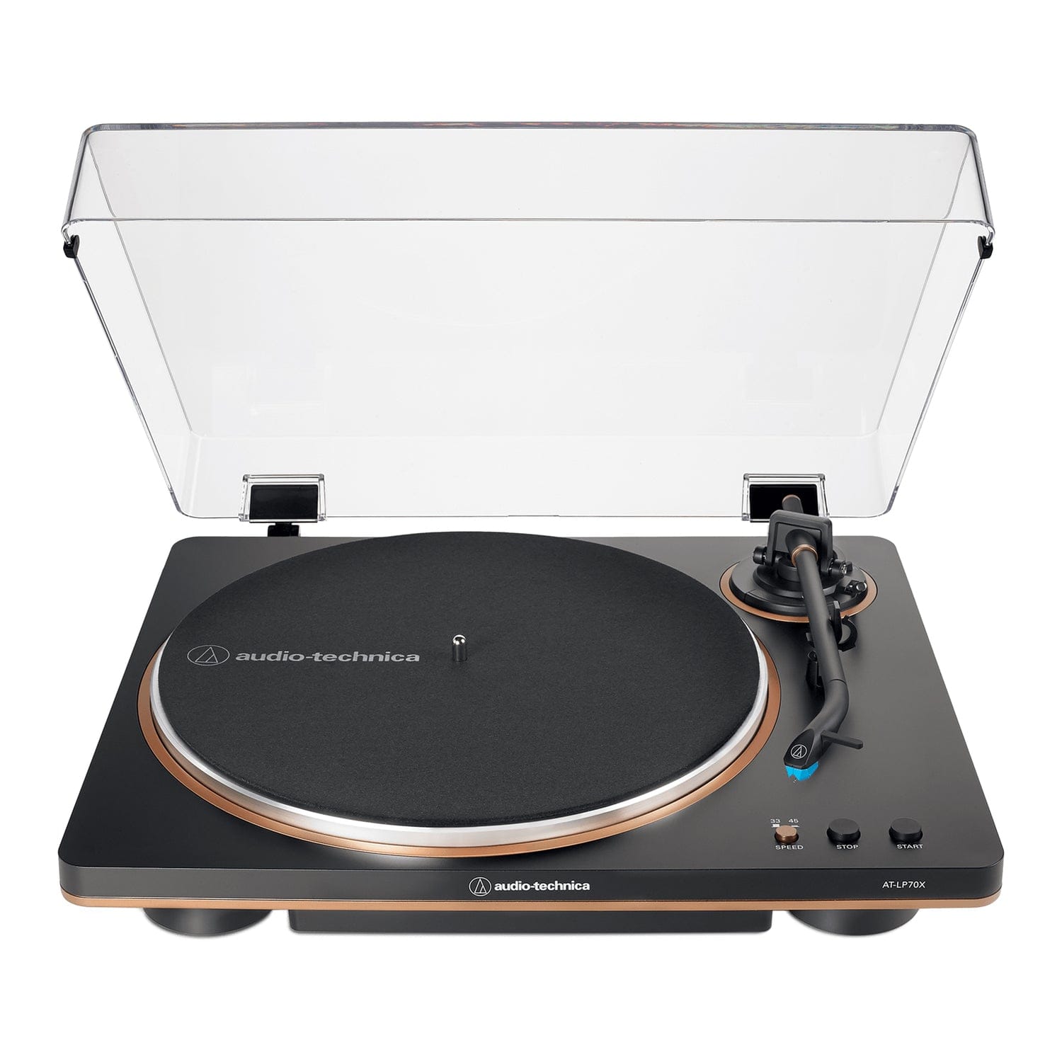 Audio-Technica 2-Speed Belt-Drive Automatic Turntable with 45 RPM Adapter, Switchable Preamp, 3-Piece Chassis, RCA Out, AT-VM95 Stylus, Black/Bronze