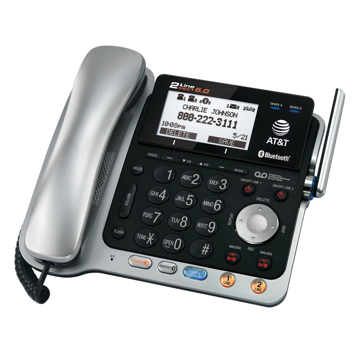 AT&T 2-Line 2-Handset DECT 6.0 Expandable Cordless Phone System for Landline, Answering System, Bluetooth Connect to Cell, and Caller ID