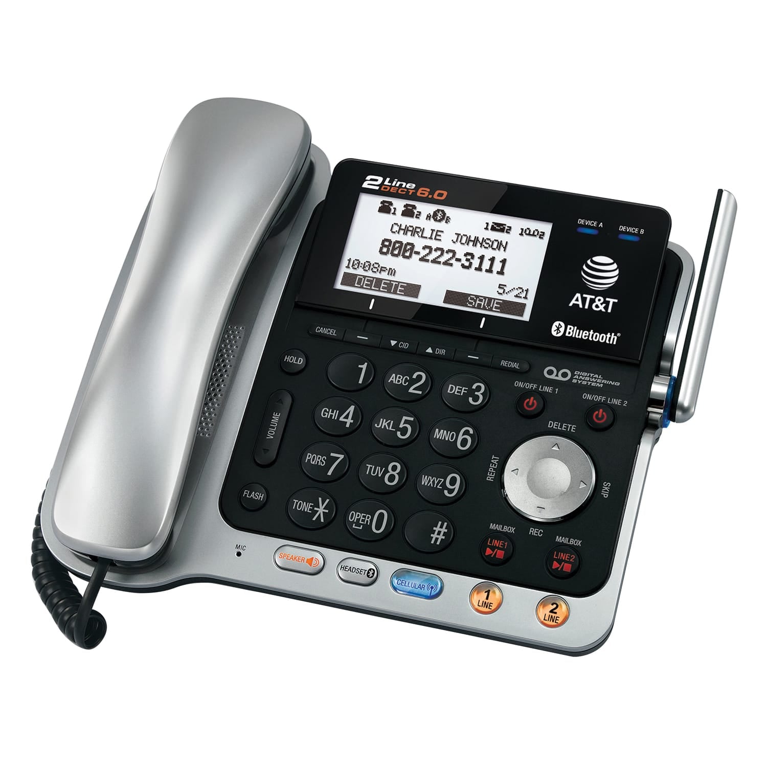 AT&T 2-Line 2-Handset DECT 6.0 Expandable Cordless Phone System for Landline, Answering System, Bluetooth Connect to Cell, and Caller ID