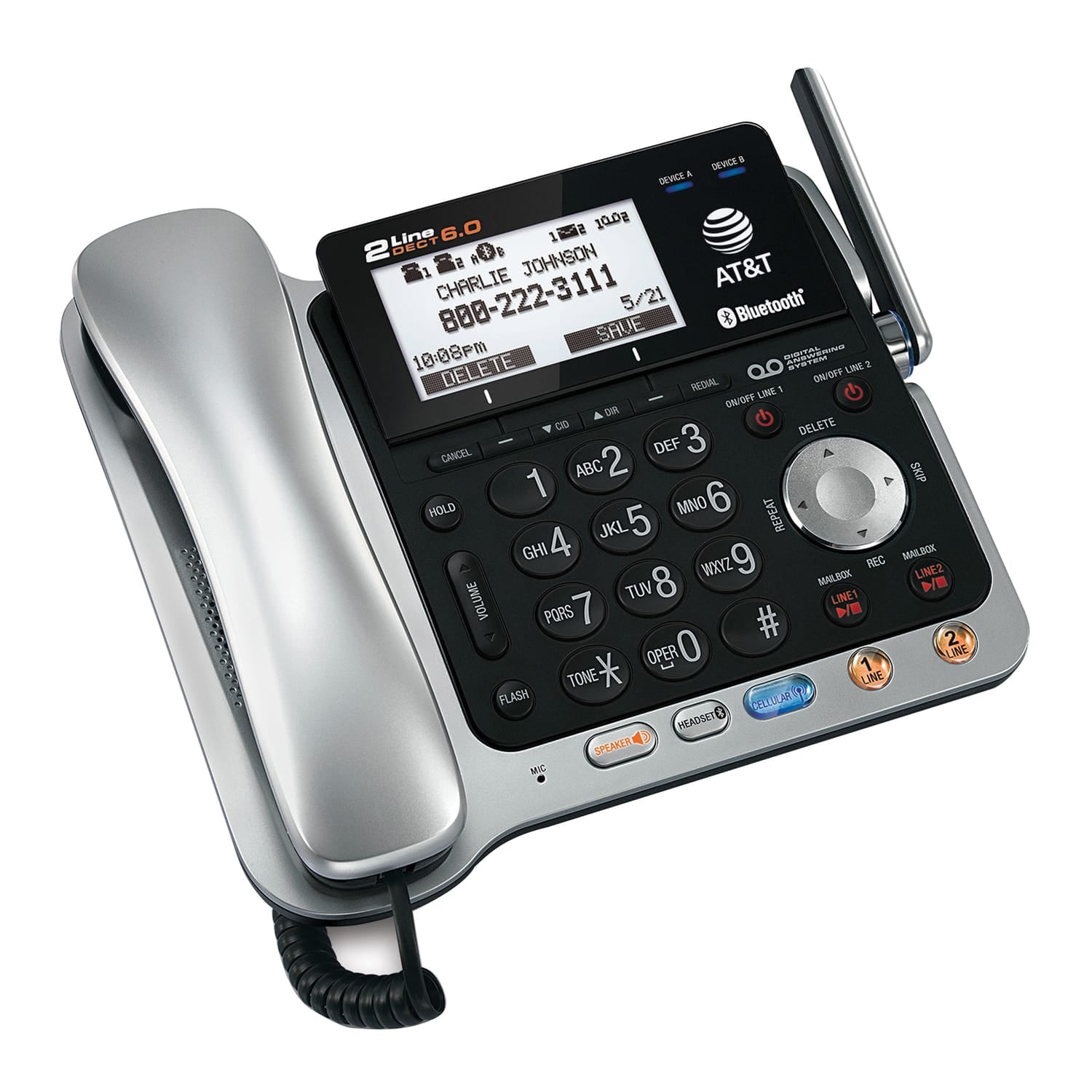 AT&T 2-Line 2-Handset DECT 6.0 Expandable Cordless Phone System for Landline, Answering System, Bluetooth Connect to Cell, and Caller ID