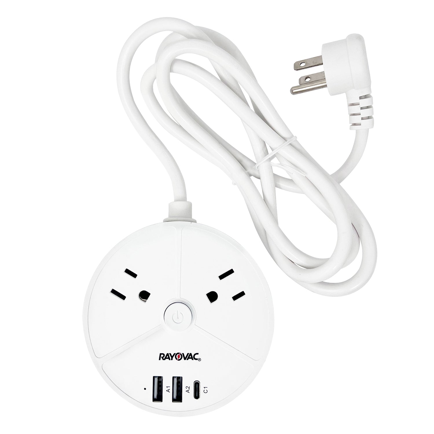 Rayovac Charge Disk 2-AC Outlet 540-Joules Surge Protector with 2 USB-A and 1 USB-C Ports, 5-Ft. Cord